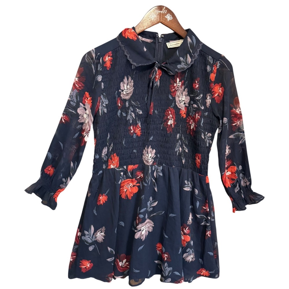 NWT Abercrombie & Fitch Navy Floral Smocked Mini Dress Peter Pan Collar Sz M